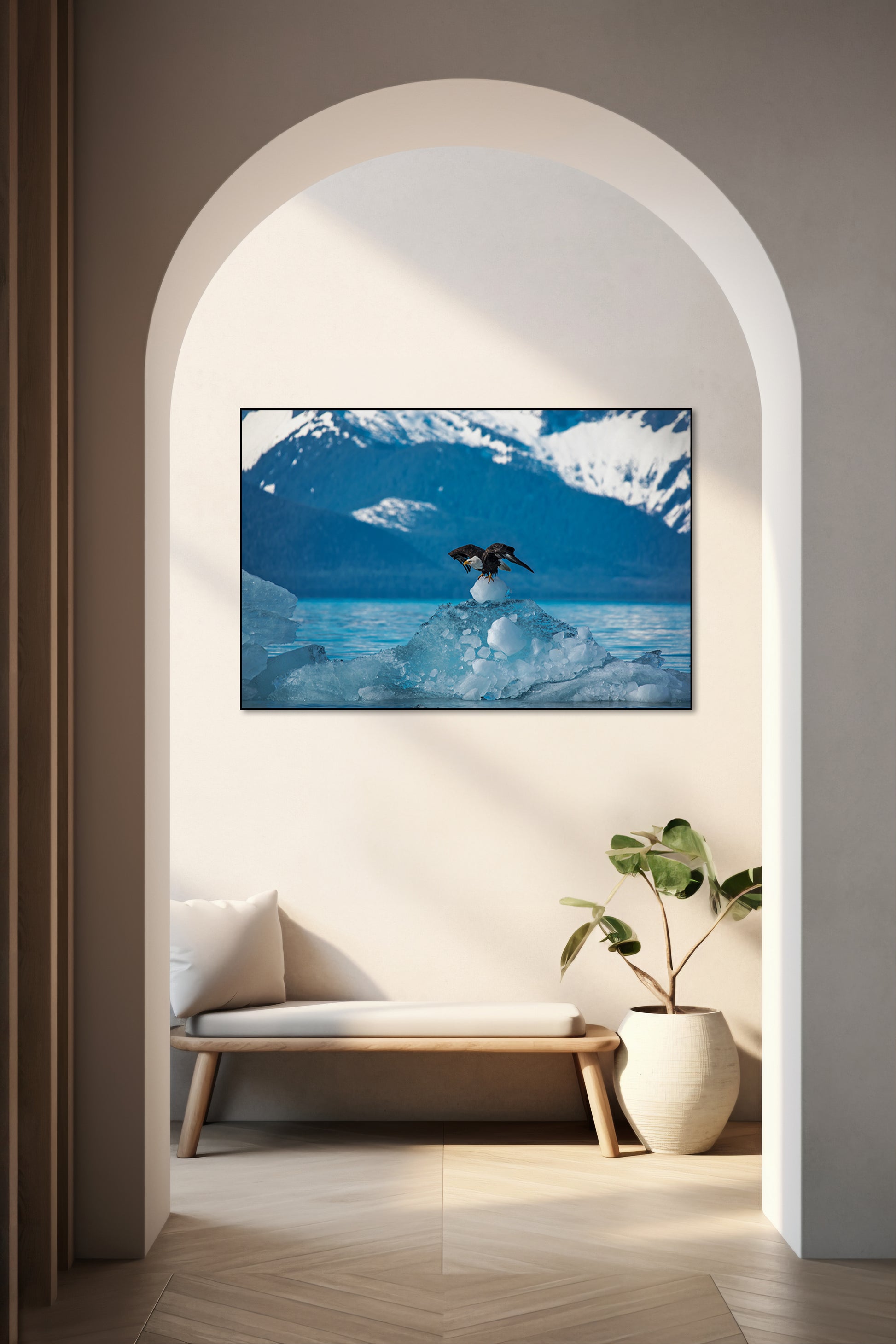 Akoestisch schilderij met Stikine-LeConte Wilderness - Zeearend opstijgend van IJsberg - Hal