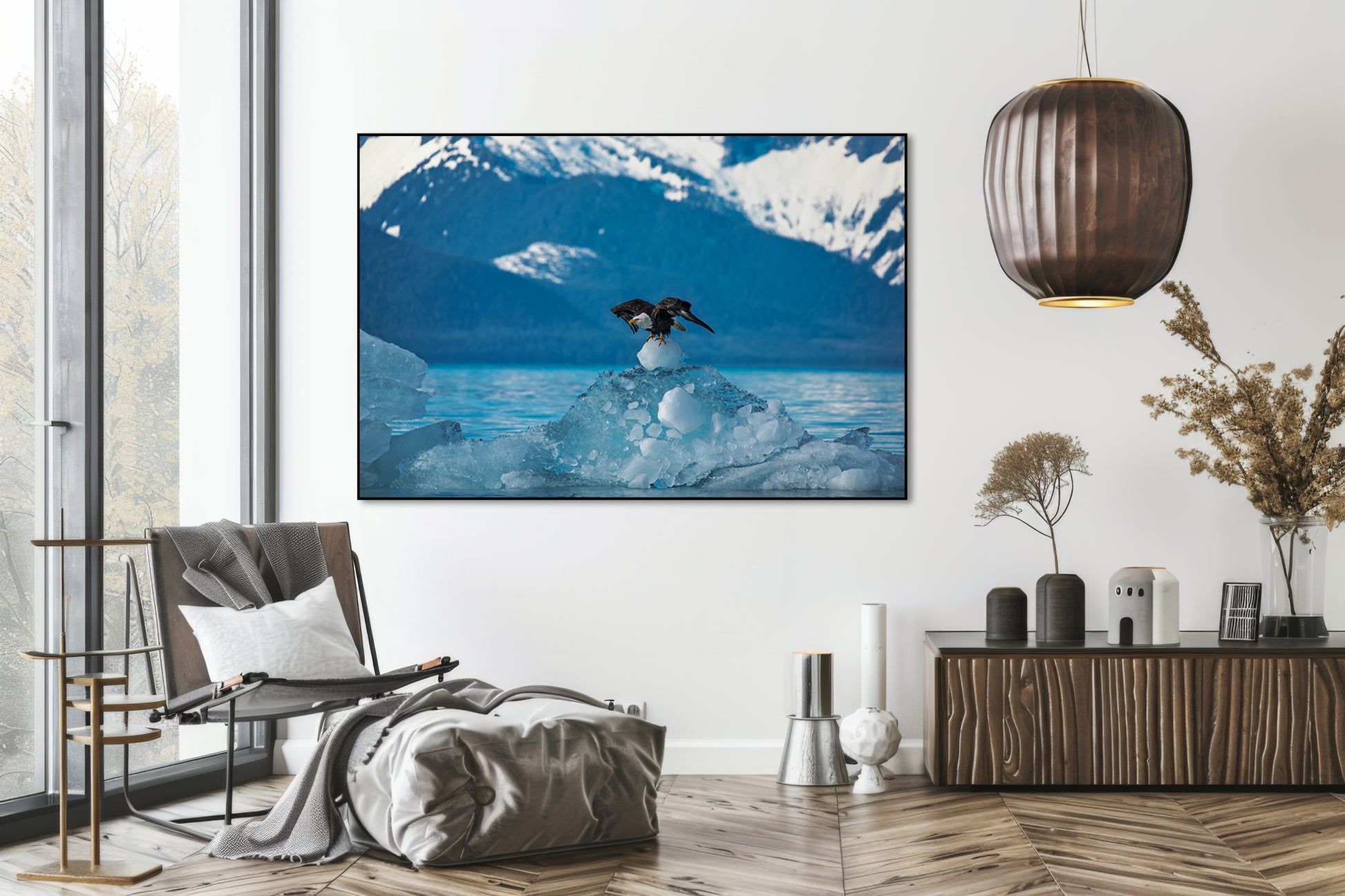 Akoestisch schilderij met Stikine-LeConte Wilderness - Zeearend opstijgend van IJsberg - Woonkamer