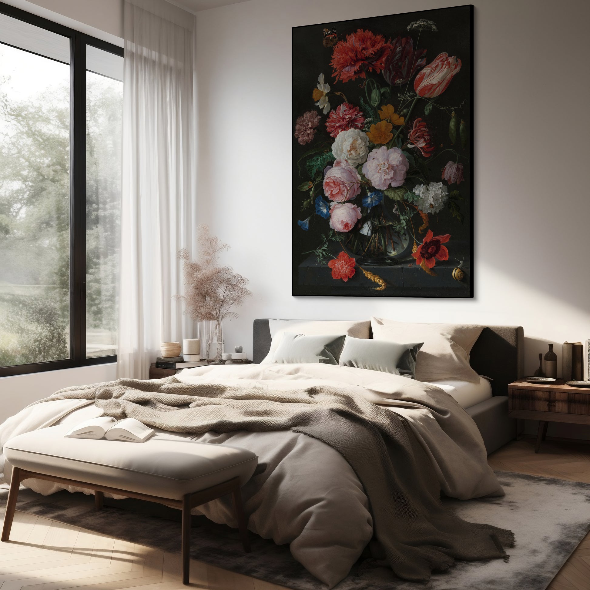 Akoestisch schilderij met Stilleven met Bloemen in een Glazen Vaas - Jan Davidsz de Heem & Rachel Ruysch - Slaapkamer