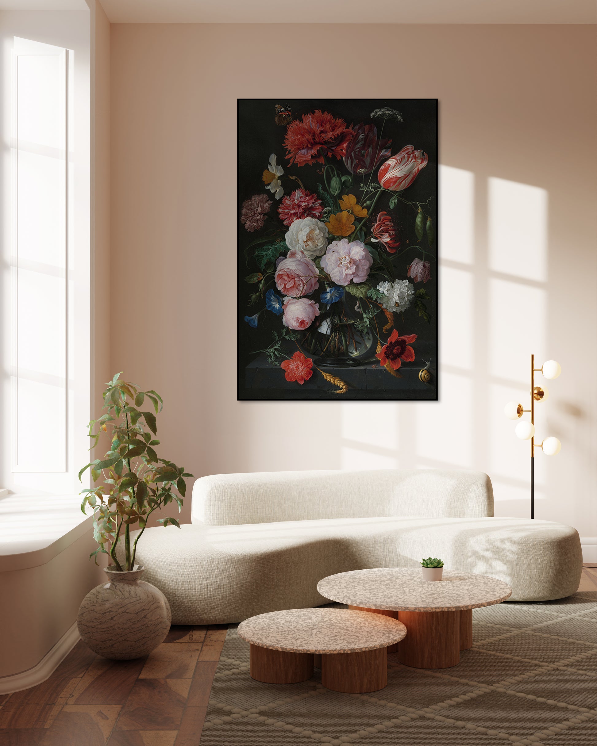 Akoestisch schilderij met Stilleven met Bloemen in een Glazen Vaas - Jan Davidsz de Heem & Rachel Ruysch - Woonkamer 2