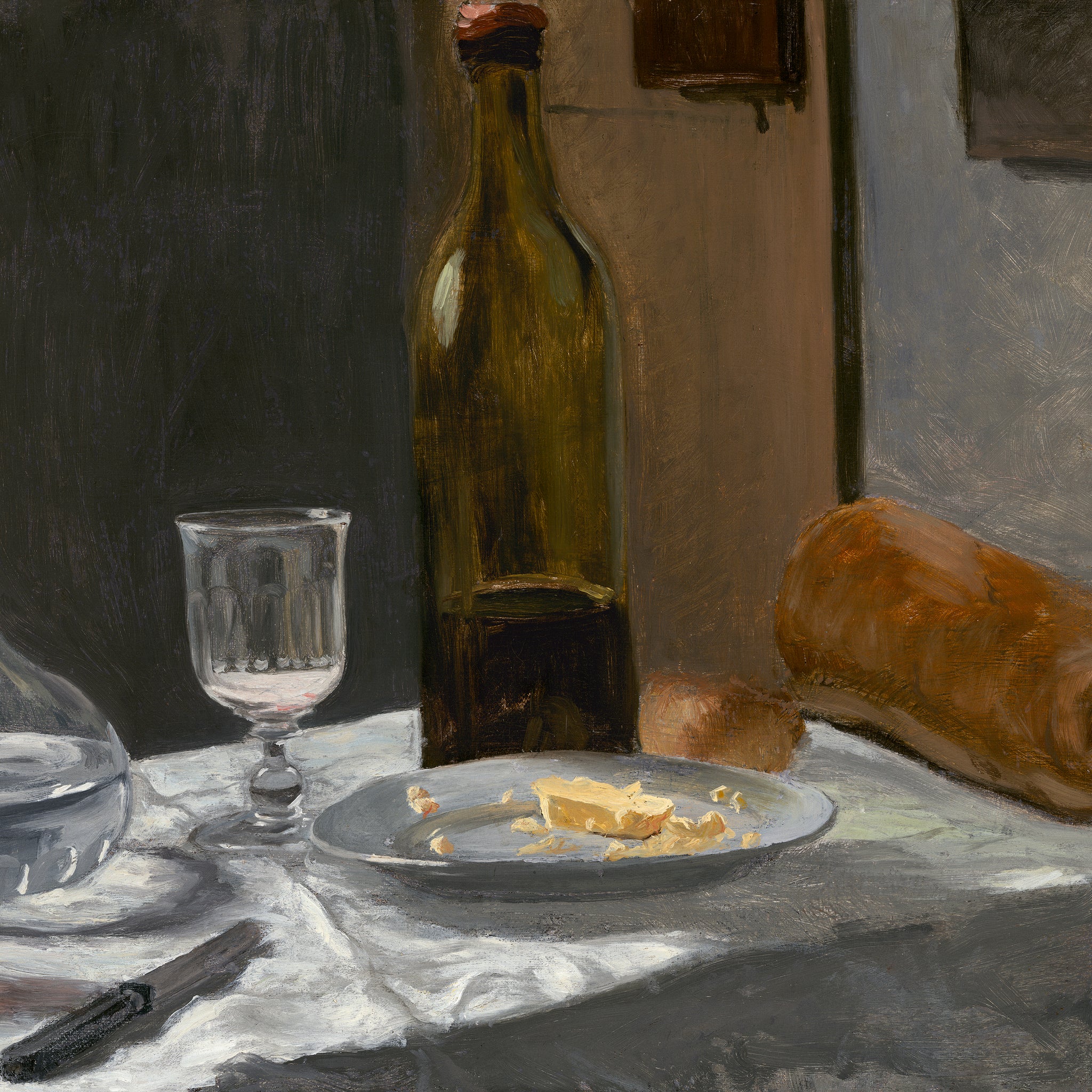 Akoestisch schilderij met Stilleven met Fles, Karaf, Brood en Wijn