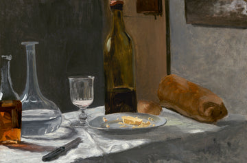 Akoestisch schilderij met Stilleven met Fles, Karaf, Brood en Wijn