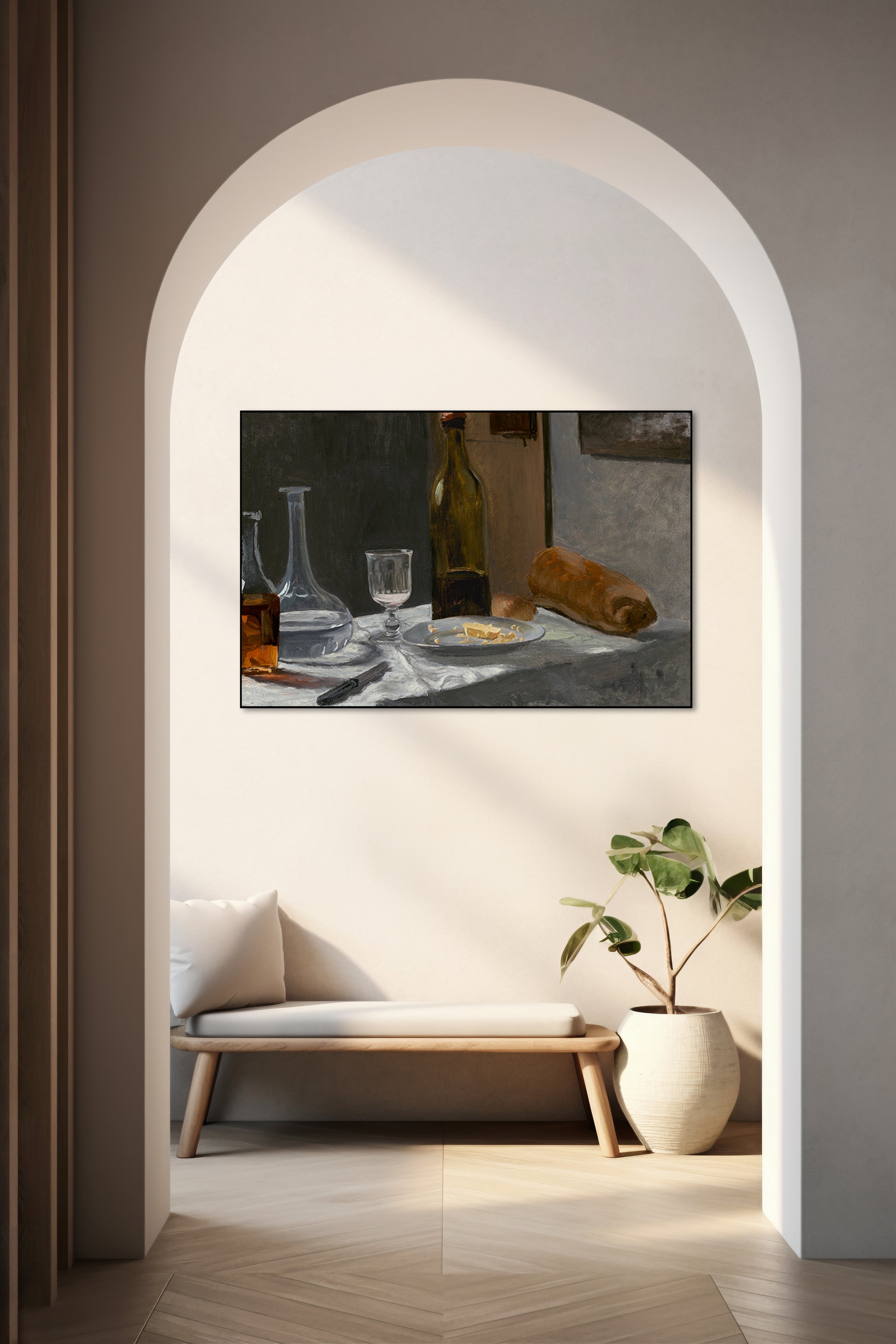 Akoestisch schilderij met Stilleven met Fles, Karaf, Brood en Wijn - Hal 