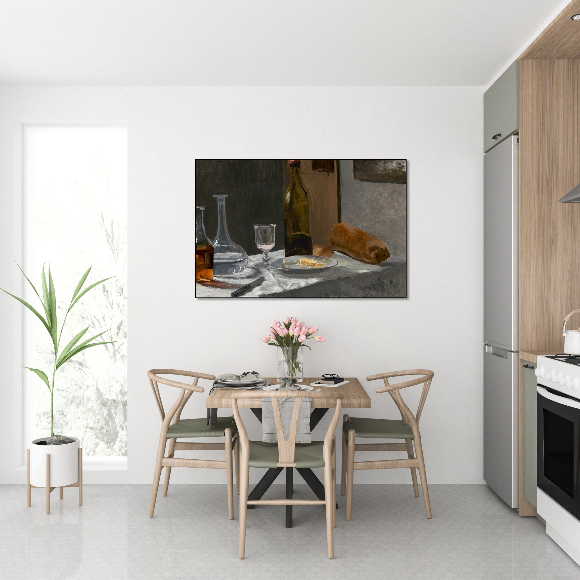 Akoestisch schilderij met Stilleven met Fles, Karaf, Brood en Wijn - Keuken