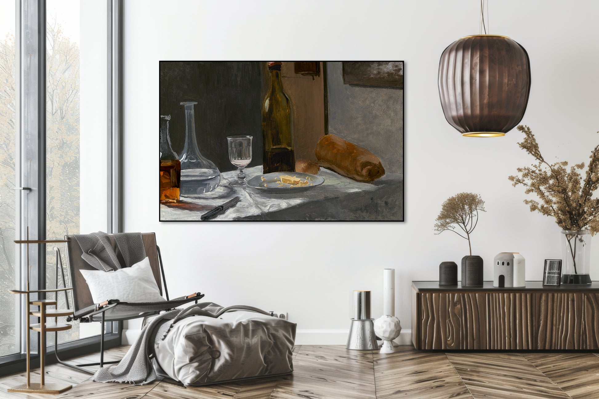 Akoestisch schilderij met Stilleven met Fles, Karaf, Brood en Wijn - Woonkamer