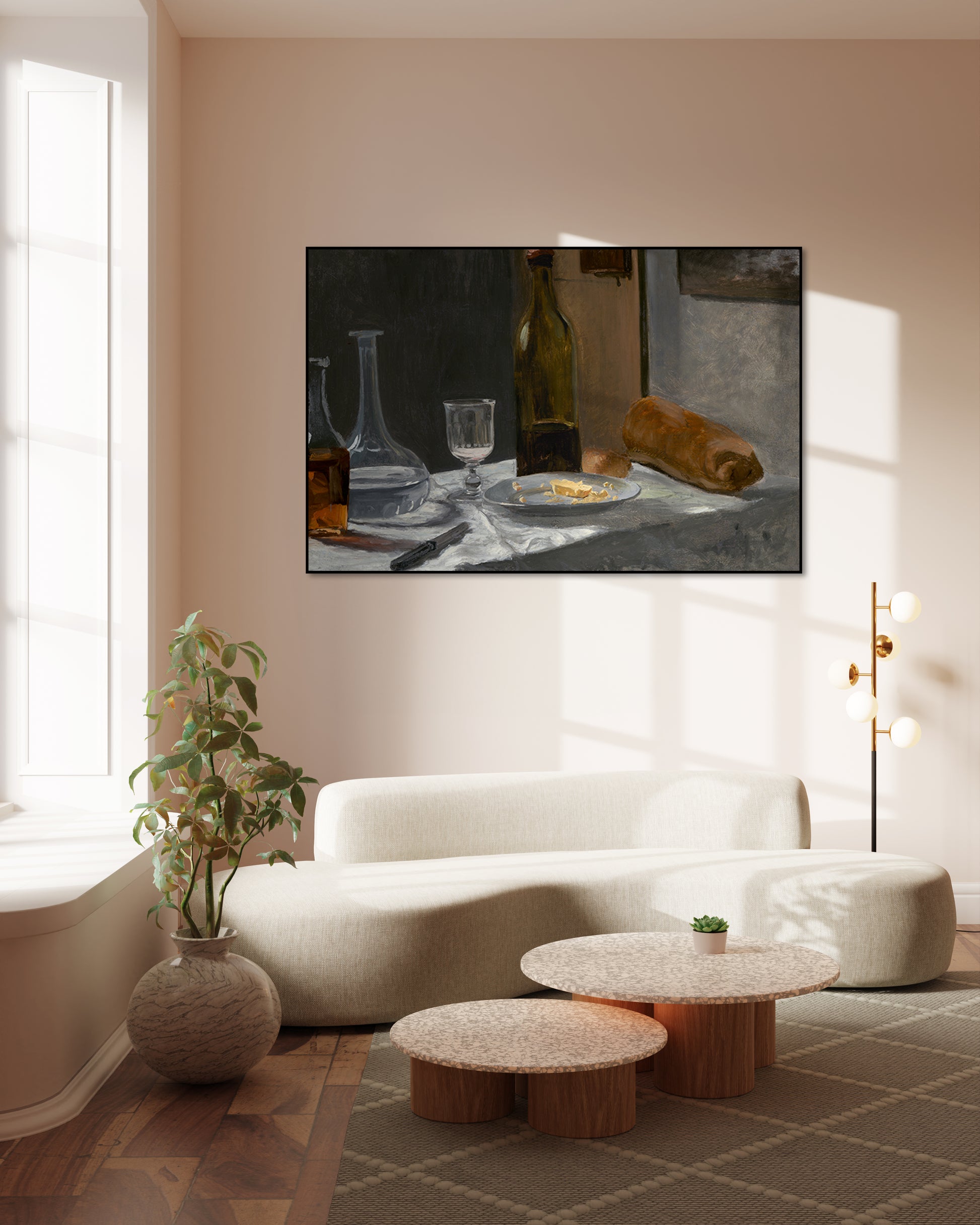 Akoestisch schilderij met Stilleven met Fles, Karaf, Brood en Wijn - Woonkamer 2