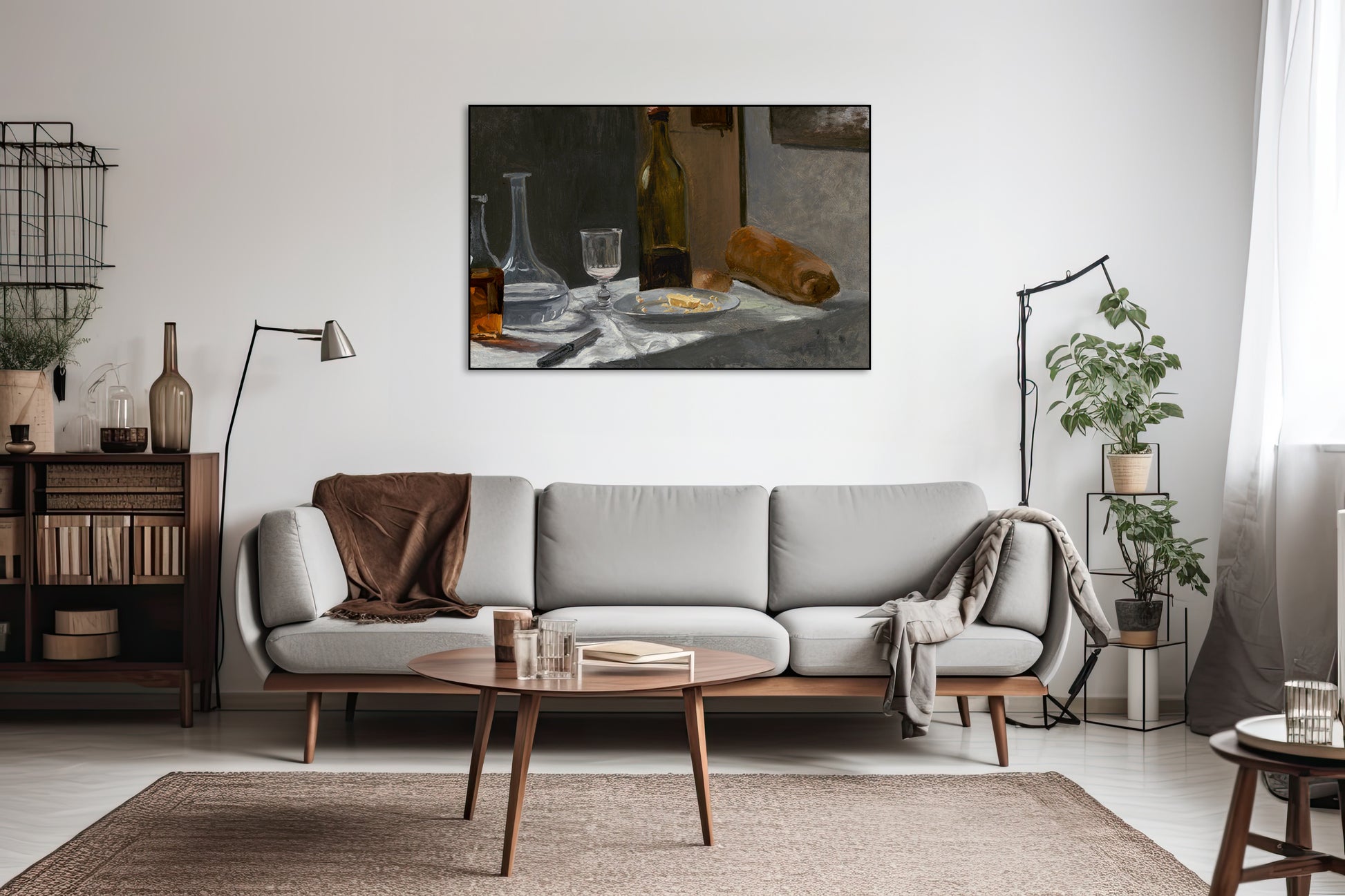Akoestisch schilderij met Stilleven met Fles, Karaf, Brood en Wijn - Woonkamer 3
