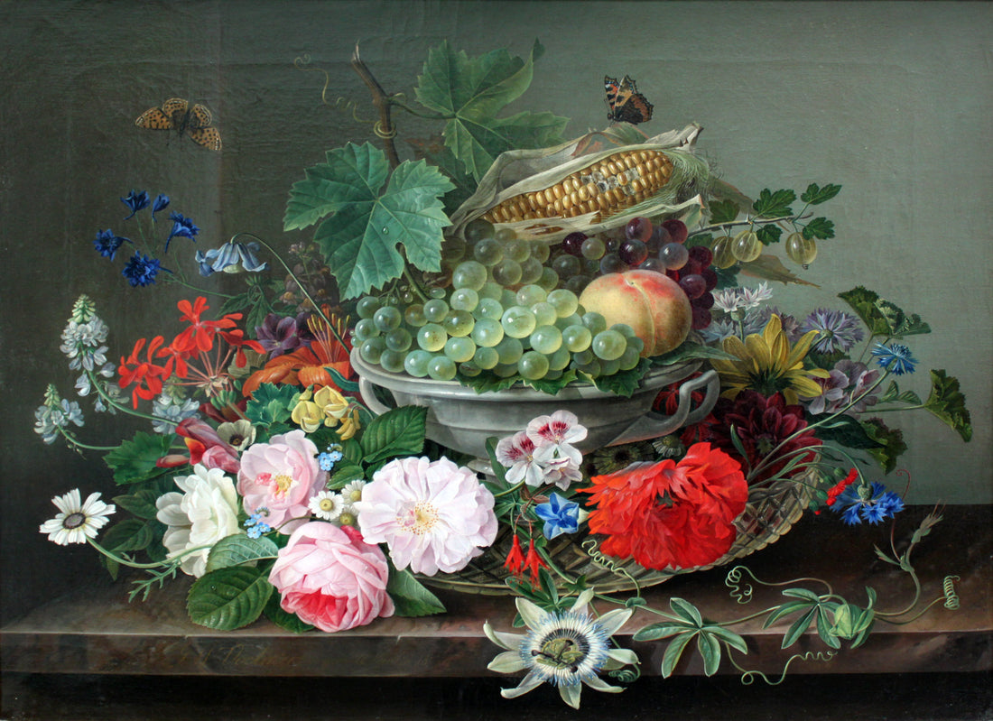 Akoestisch schilderij met Stilleven met Fruitmand (1827) - Gottfried Wilhelm Voelcker