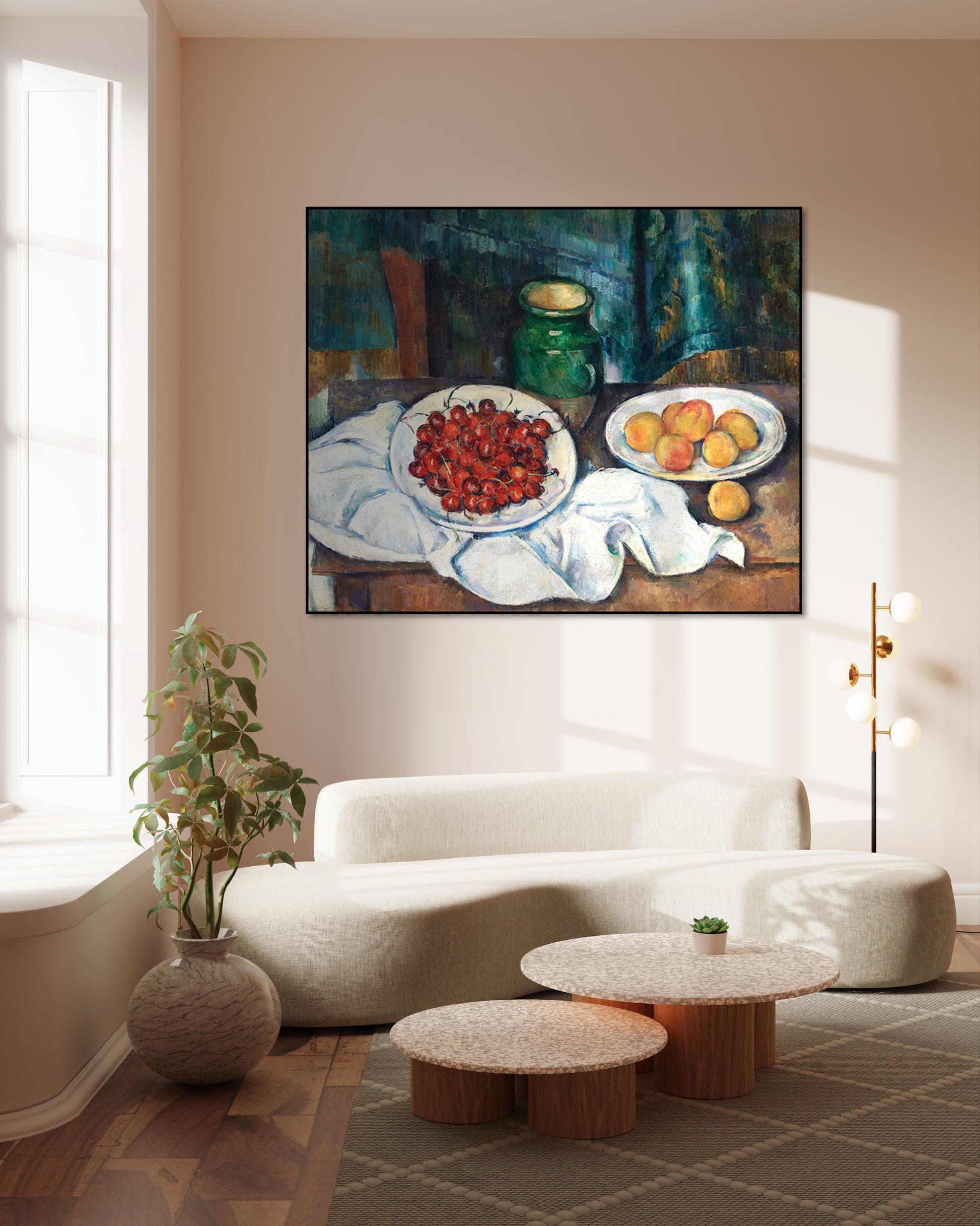 Akoestisch schilderij met Stilleven met Kersen en Perziken - Woonkamer 2