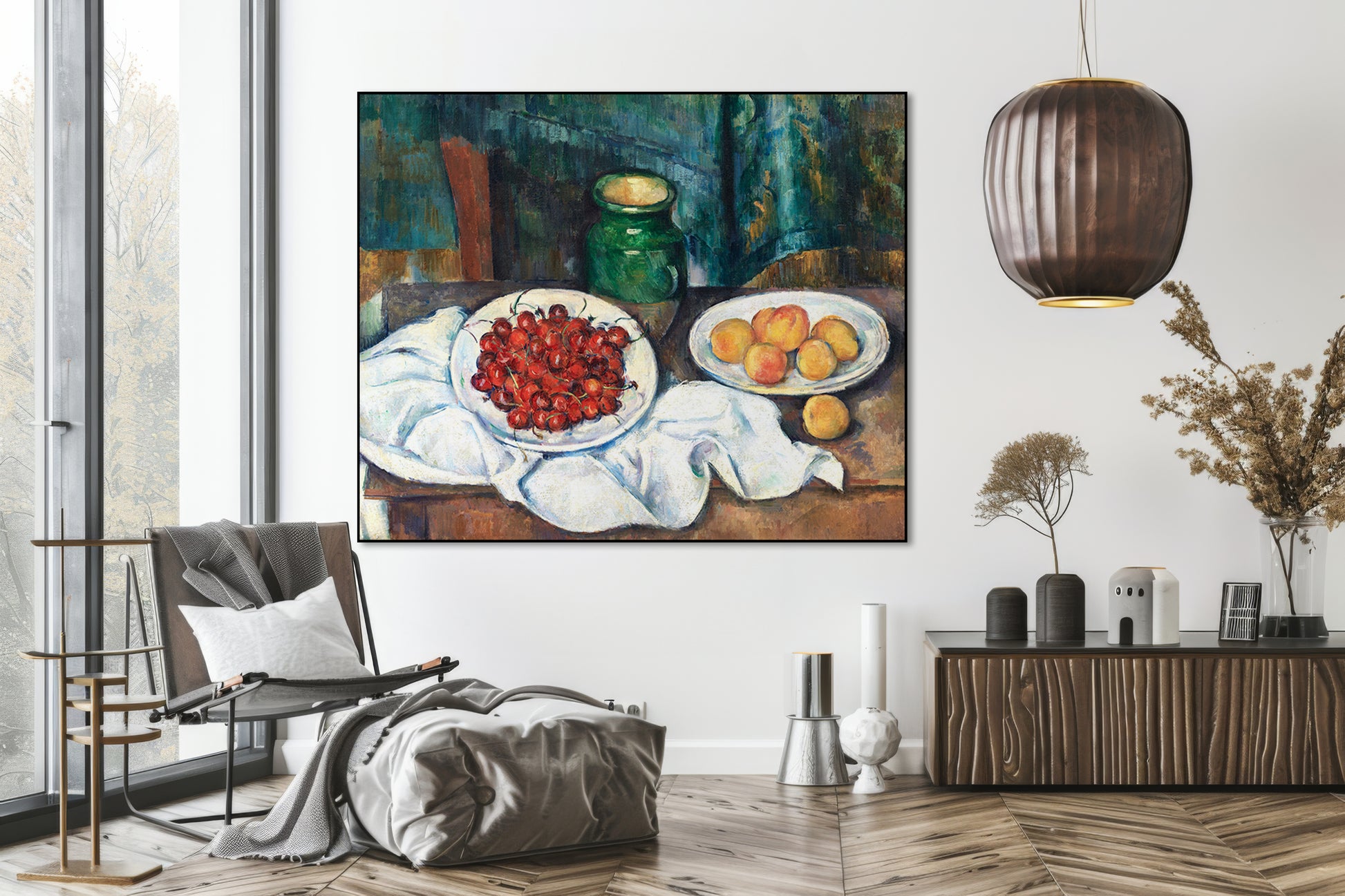 Akoestisch schilderij met Stilleven met Kersen en Perziken - Woonkamer 3