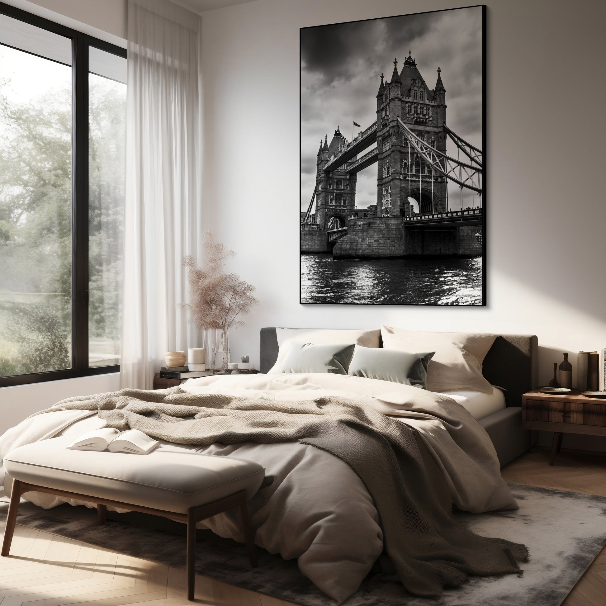 Akoestisch schilderij met Tower Bridge Londen – zwartwit - Slaapkamer