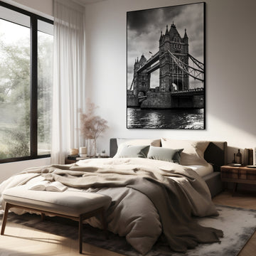 Akoestisch schilderij met Tower Bridge Londen – zwartwit - Slaapkamer