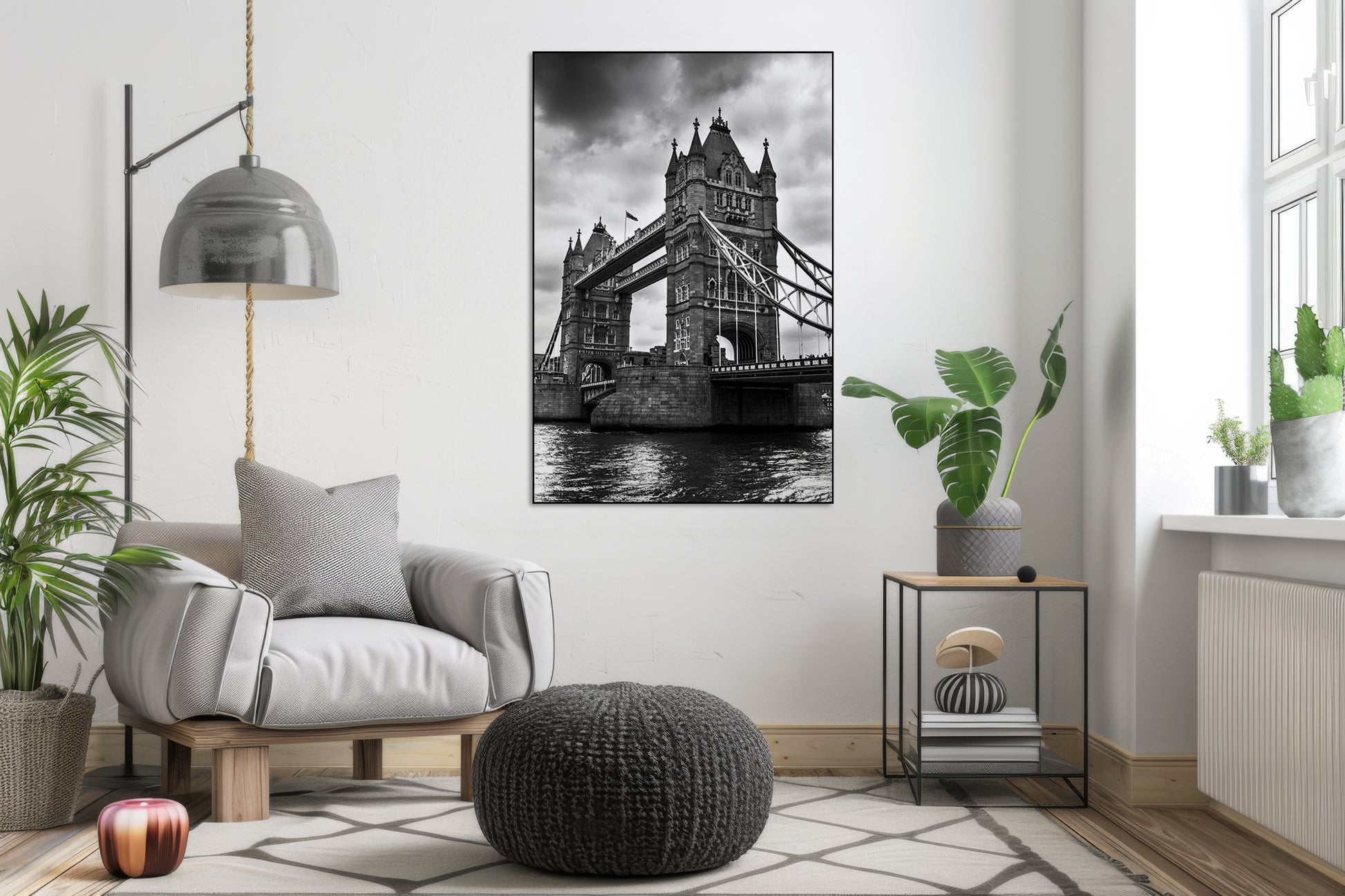 Akoestisch schilderij met Tower Bridge Londen – zwartwit - Woonkamer