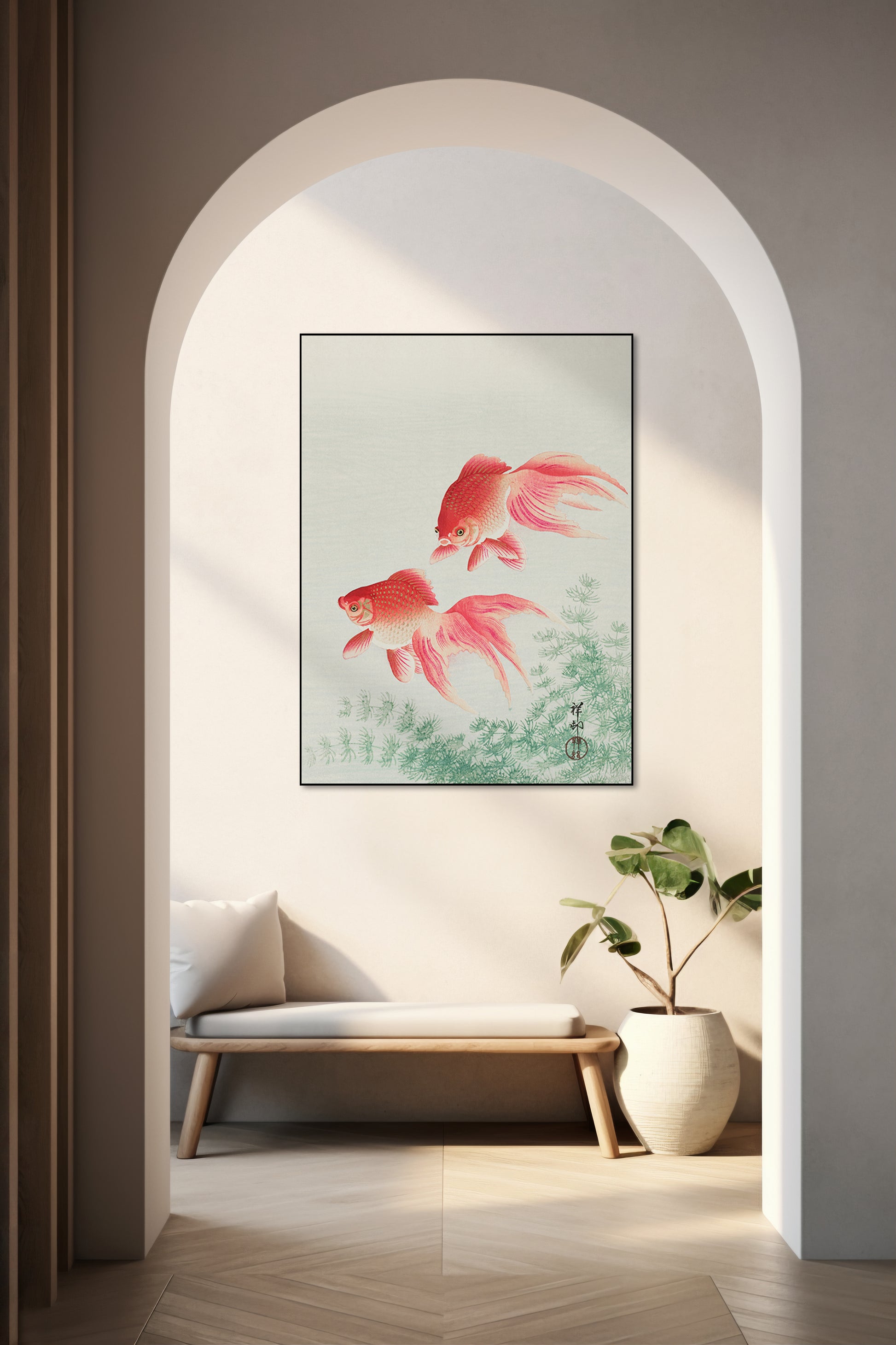 Akoestisch schilderij met Twee sluierstaart goudvissen - Hal