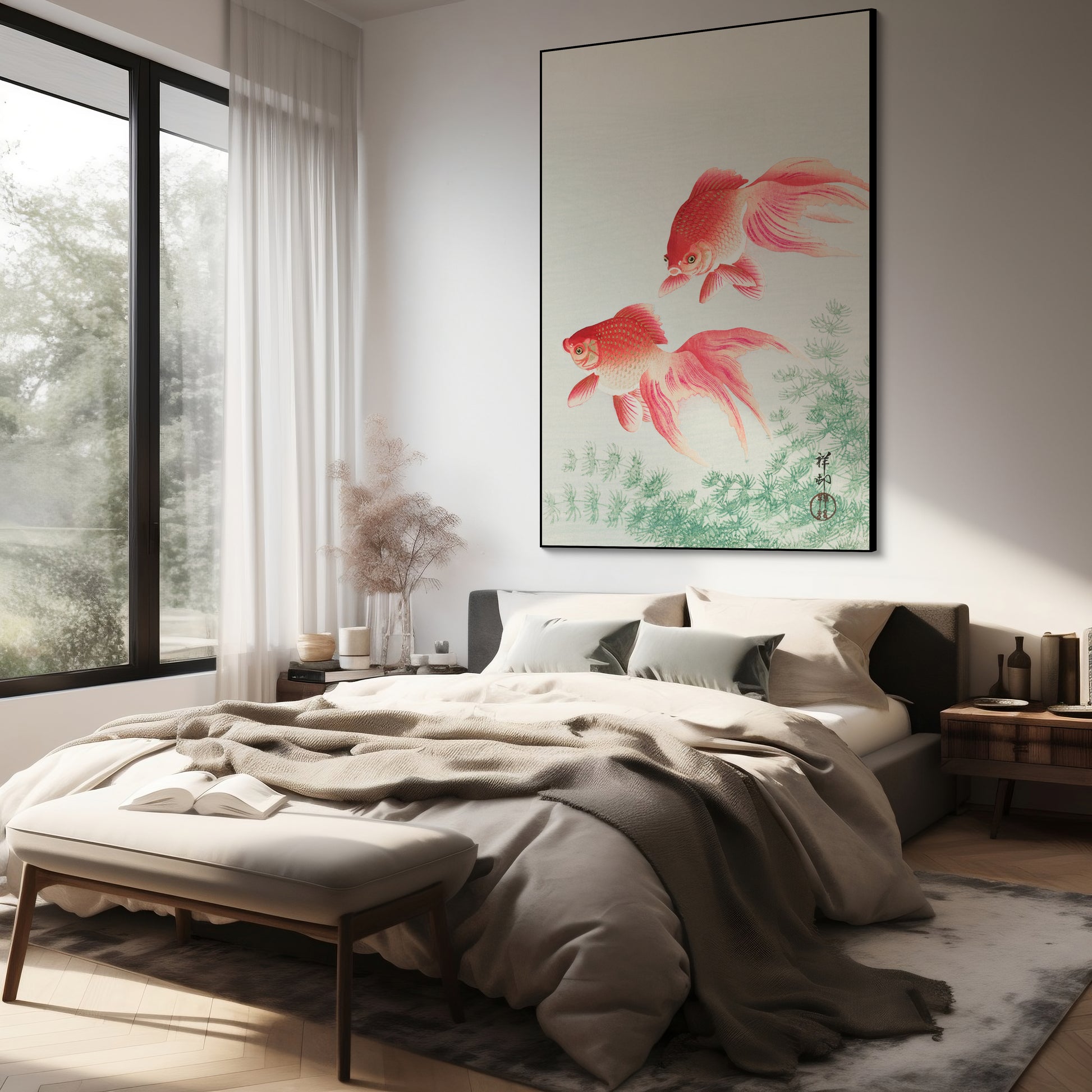 Akoestisch schilderij met Twee sluierstaart goudvissen - Slaapkamer