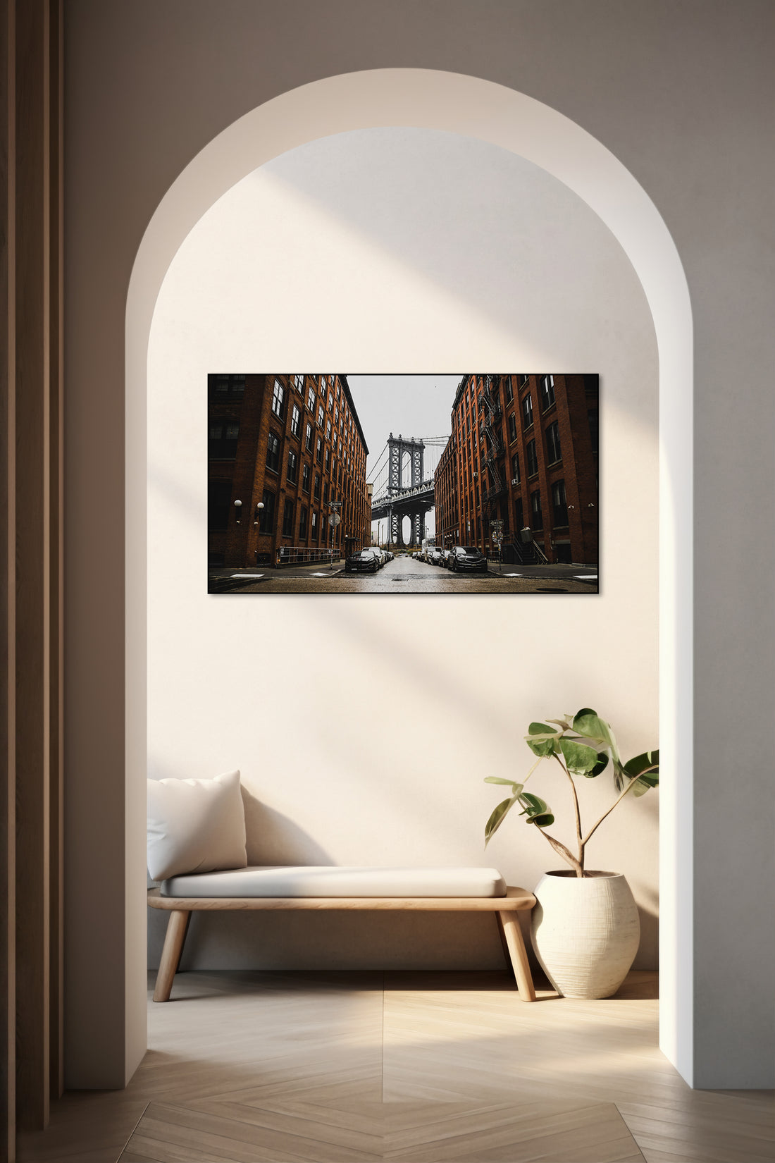 Akoestisch schilderij met Uitzicht op Manhattan via Dumbo