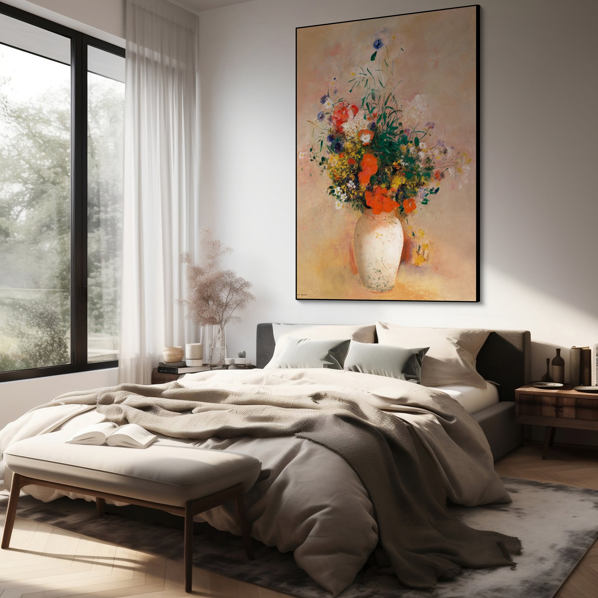 Akoestisch schilderij met Vaas met bloemen - Odilon Redon - Slaapkamer