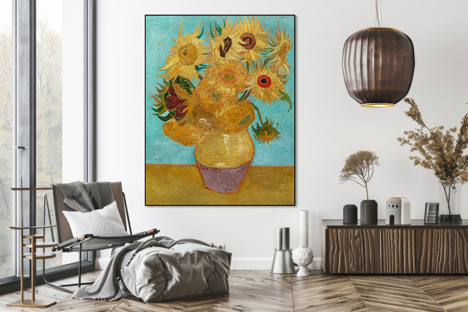 Akoestisch schilderij met Vaas met twaalf zonnebloemen - Vincent van Gogh - Woonkamer