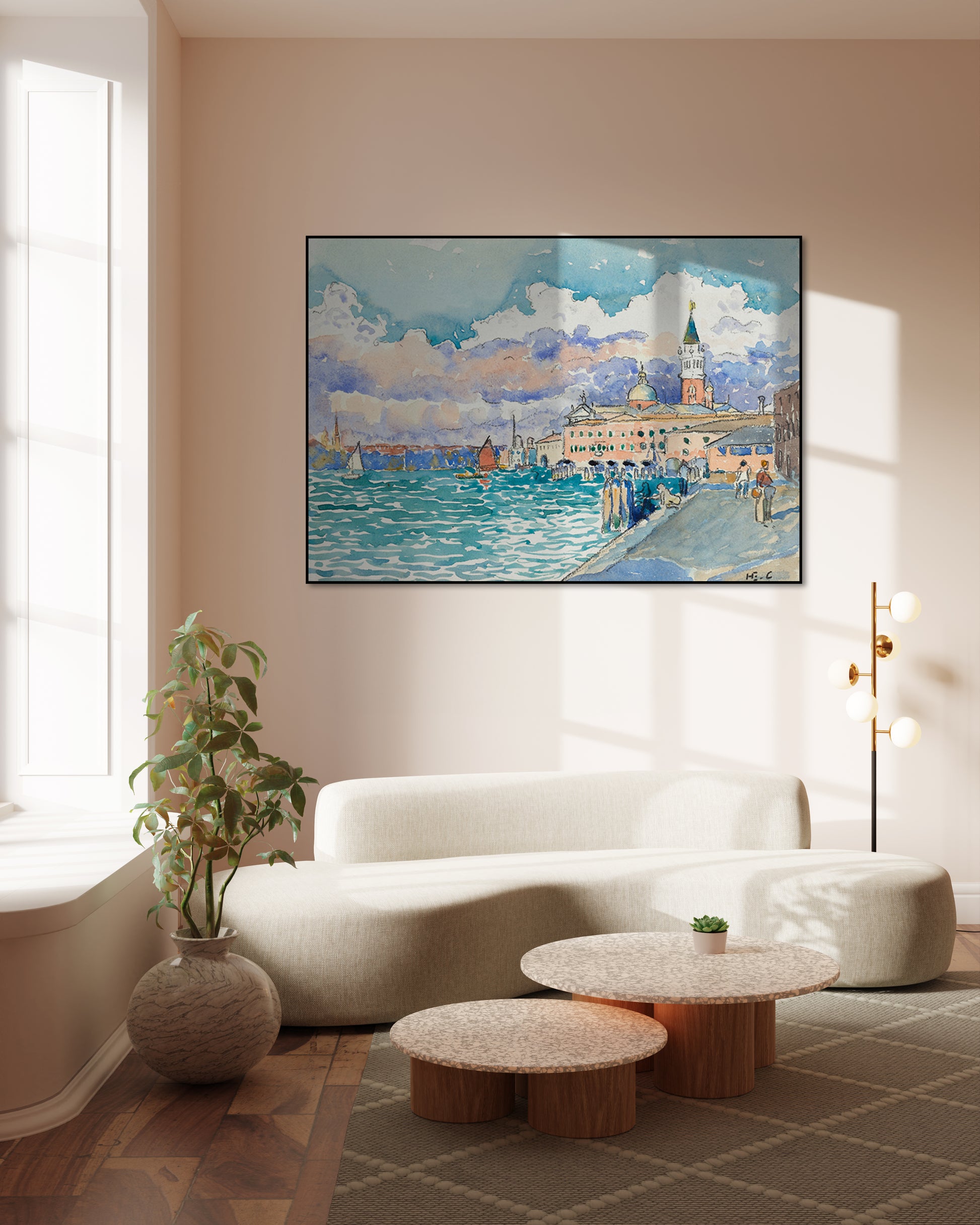 Akoestisch schilderij met Venetië (1903) - Henri-Edmond Cross - Woonkamer-EdmondCross-curved_sofa_in_corner_picture_frame_mockup
