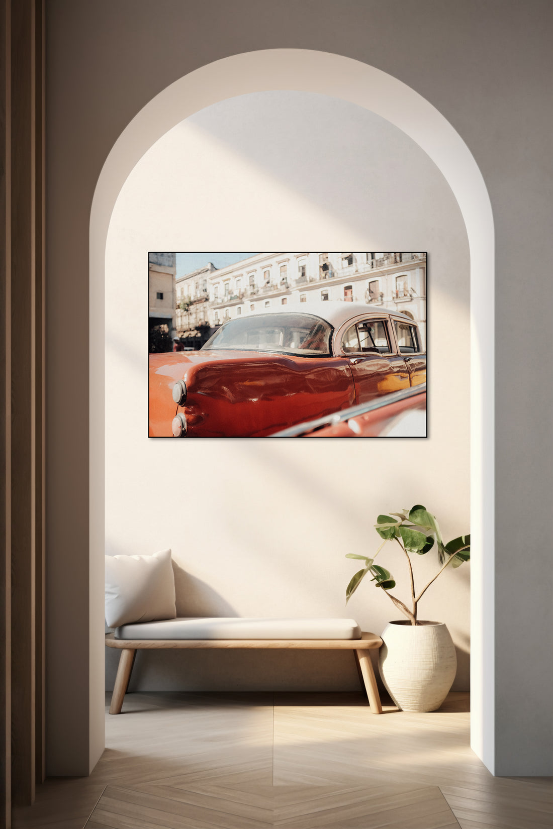Akoestisch schilderij met Vintage auto geparkeerd voor een gebouw