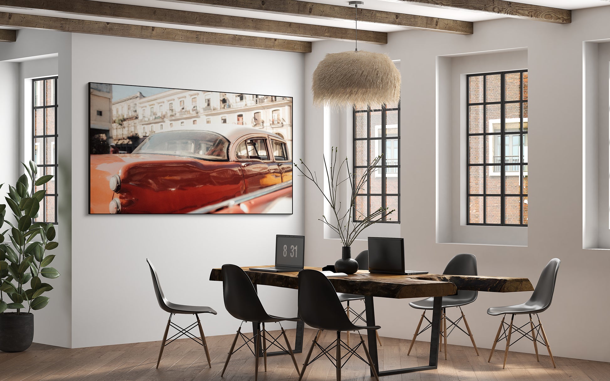 Akoestisch schilderij met Vintage auto geparkeerd voor een gebouw - Kantoor