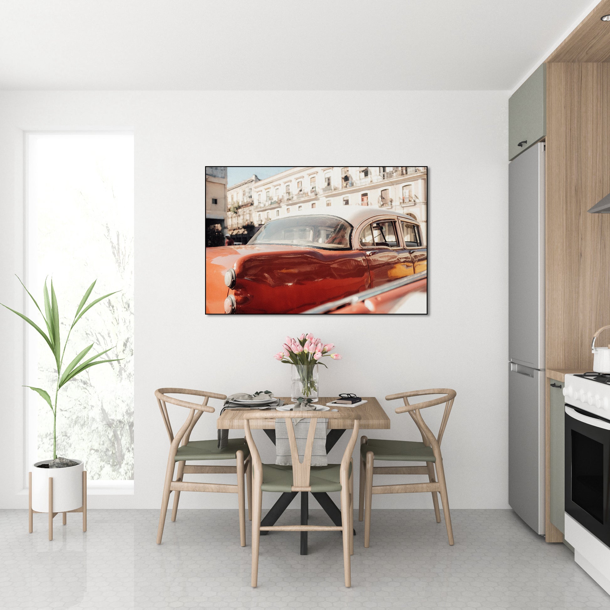 Akoestisch schilderij met Vintage auto geparkeerd voor een gebouw - Keuken
