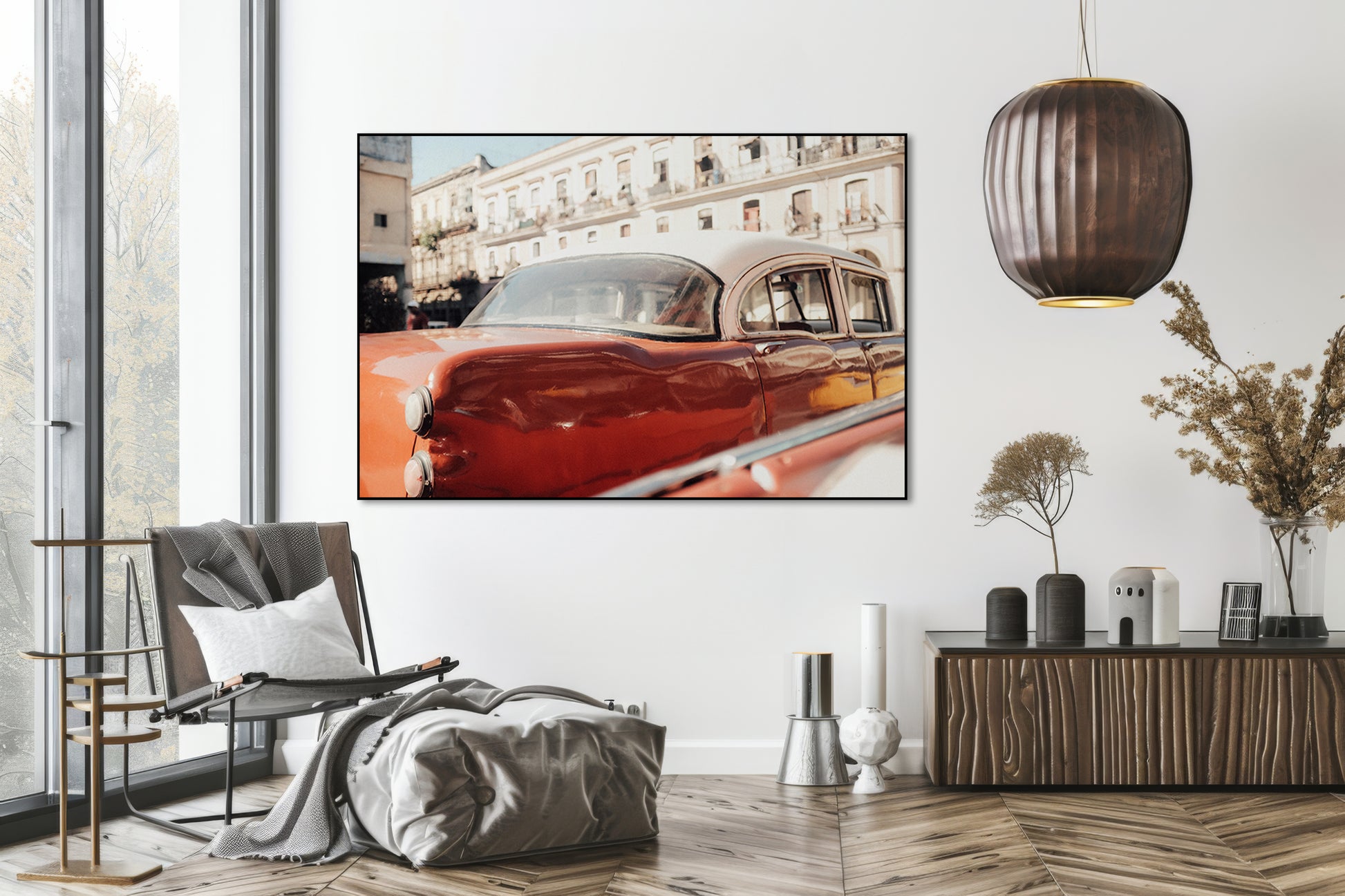 Akoestisch schilderij met Vintage auto geparkeerd voor een gebouw - Woonkamer