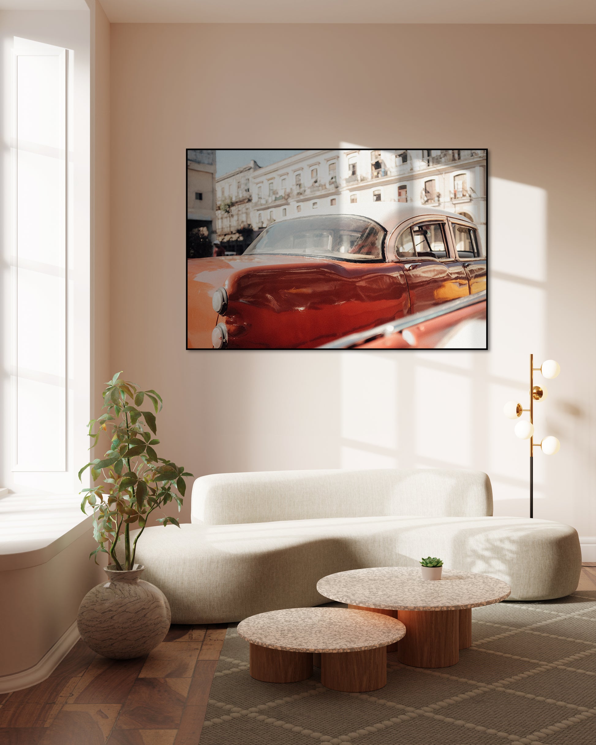 Akoestisch schilderij met Vintage auto geparkeerd voor een gebouw - Woonkamer 2