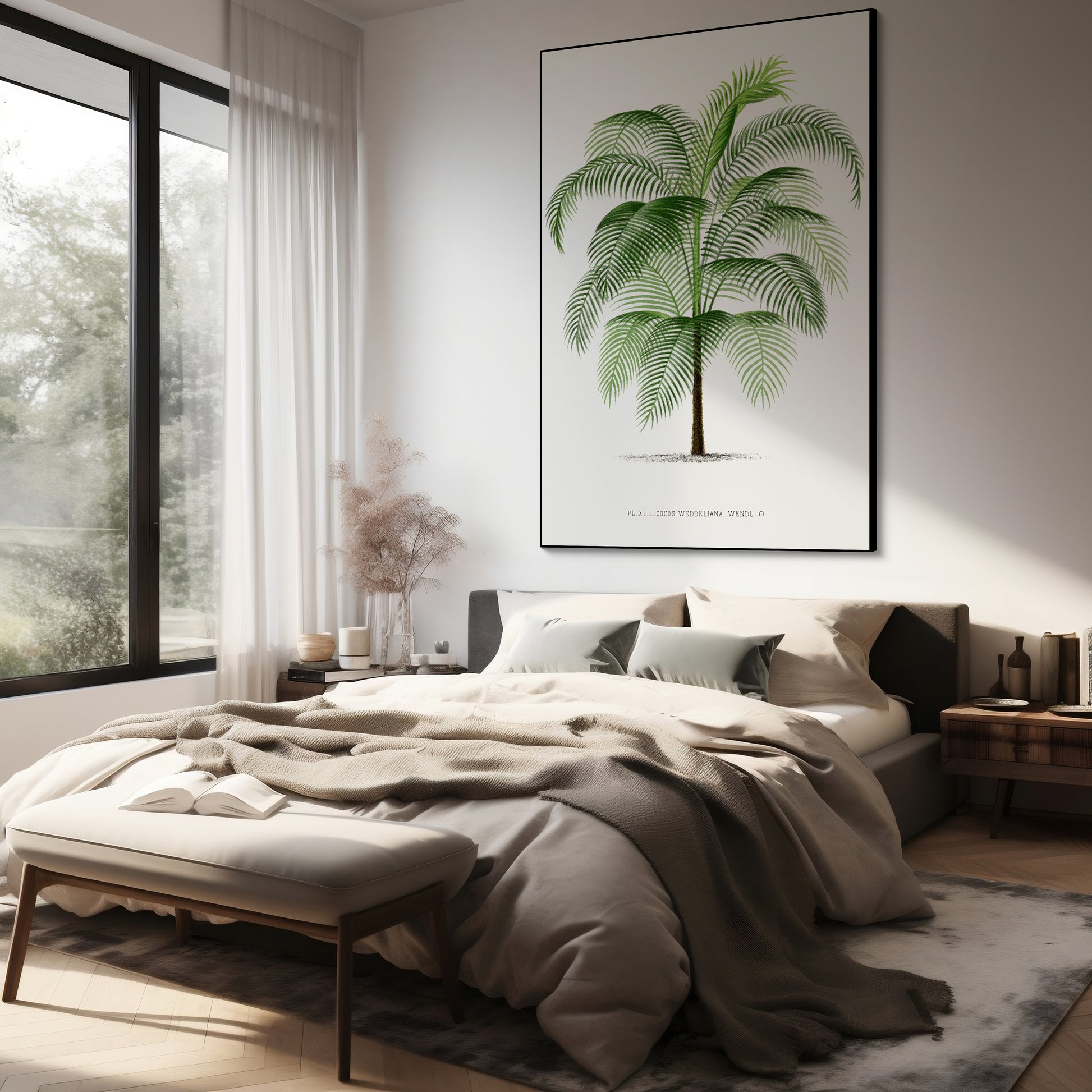 Akoestisch schilderij met Vintage palmboom illustratie - Slaapkamer