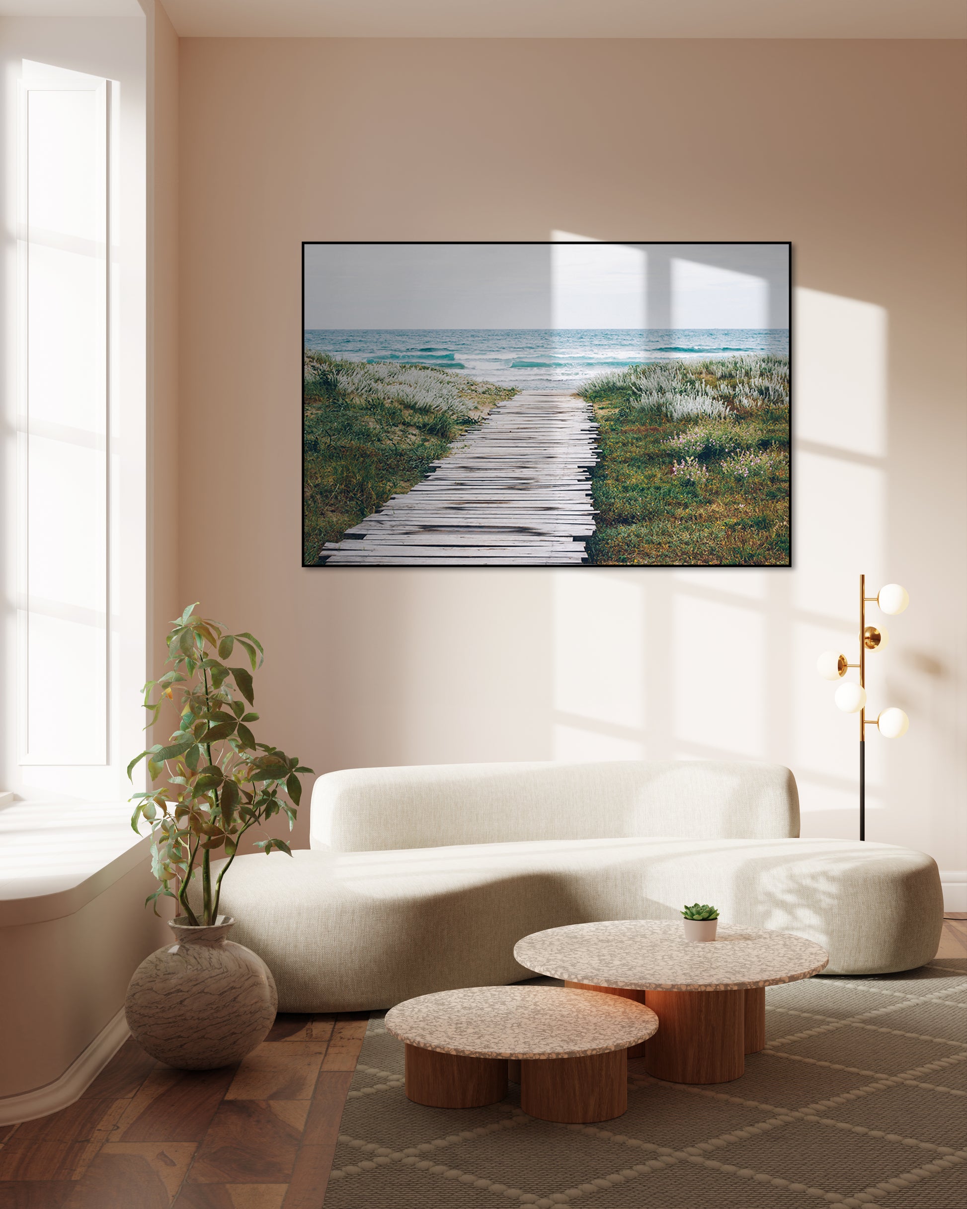 Akoestisch schilderij met wooden path through the grass toward the ocean beach - Hal