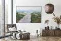 Akoestisch schilderij met wooden path through the grass toward the ocean beach - Woonkamer