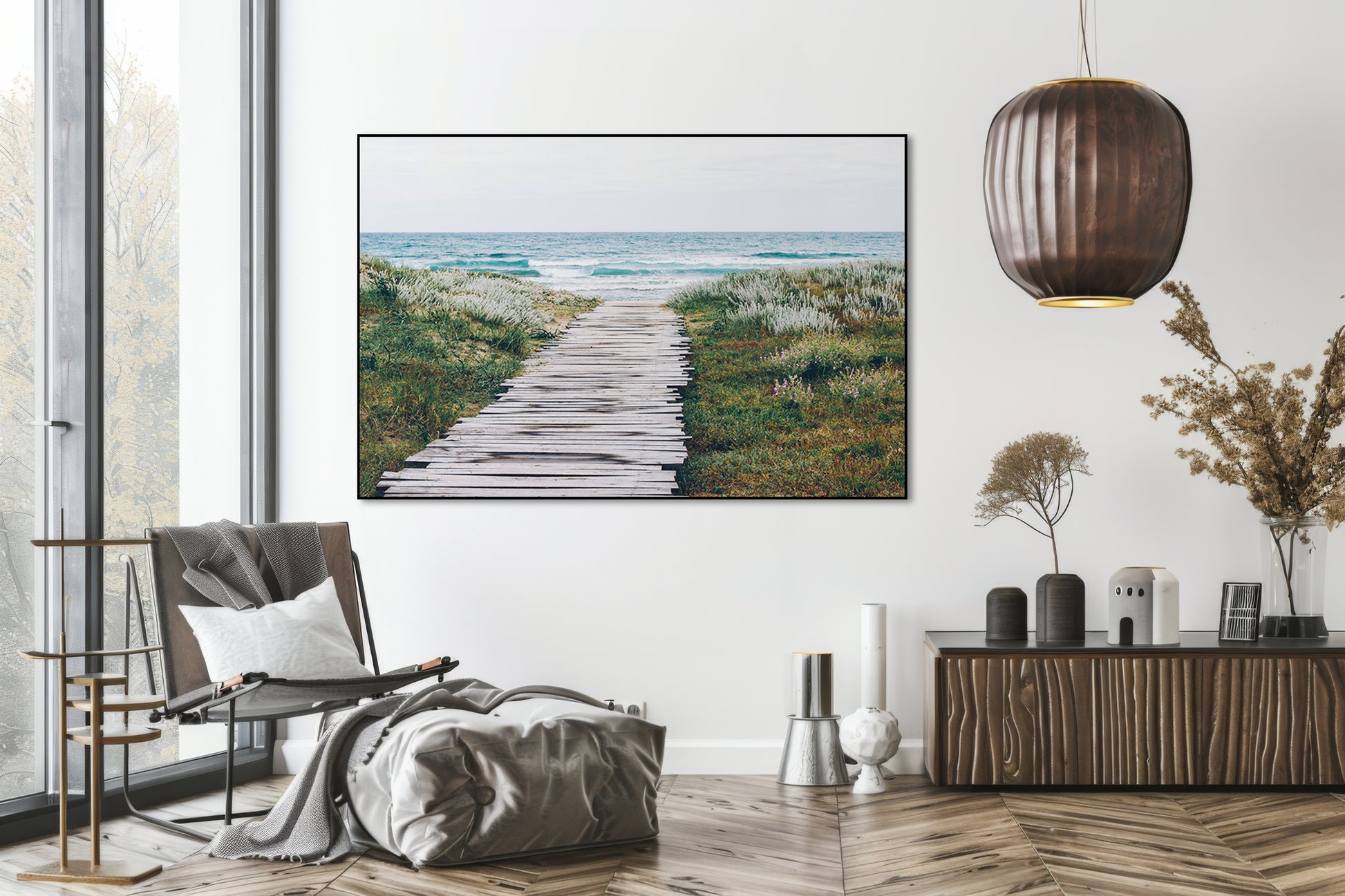 Akoestisch schilderij met wooden path through the grass toward the ocean beach - Woonkamer