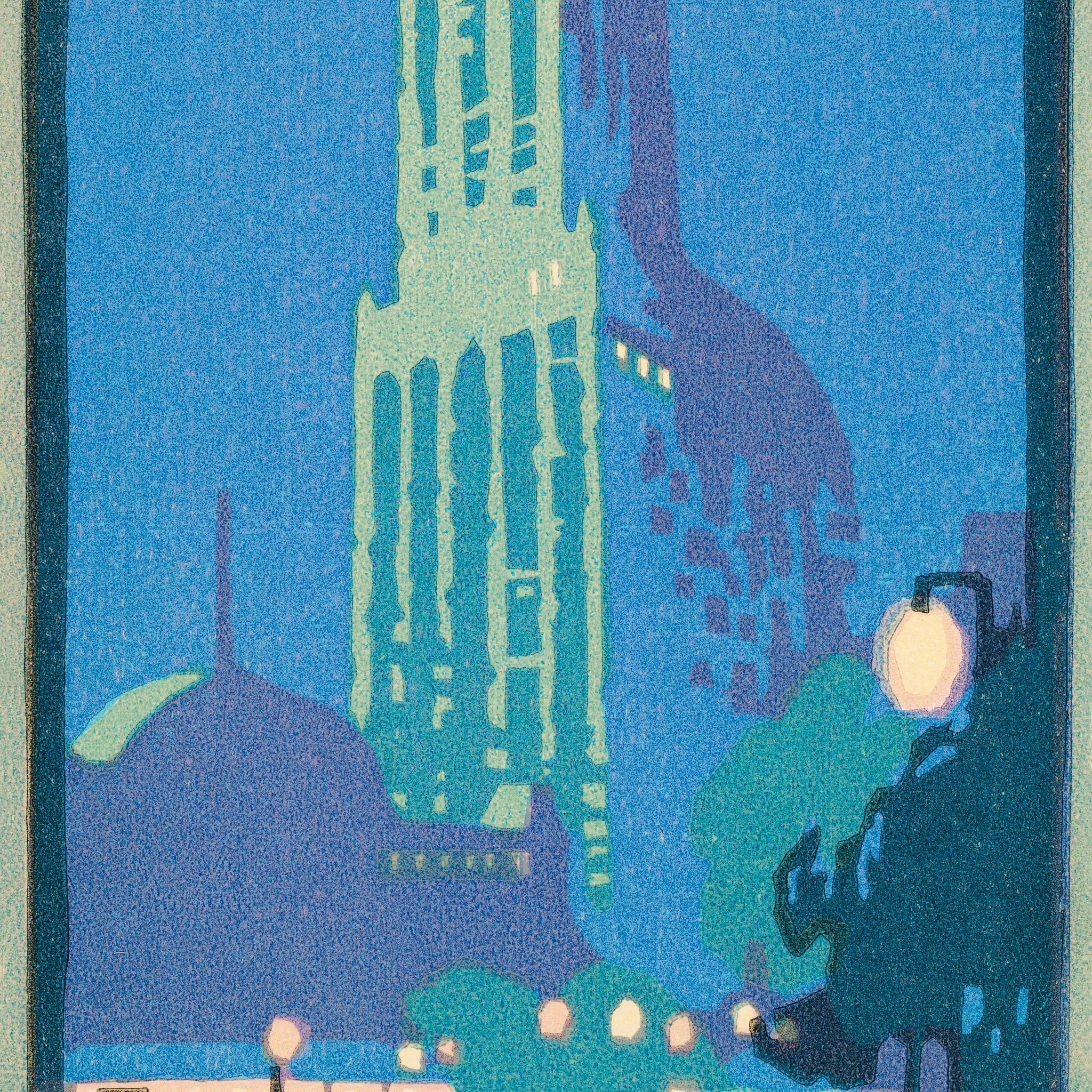 Akoestisch schilderij met Woolworth gebouw in de nacht