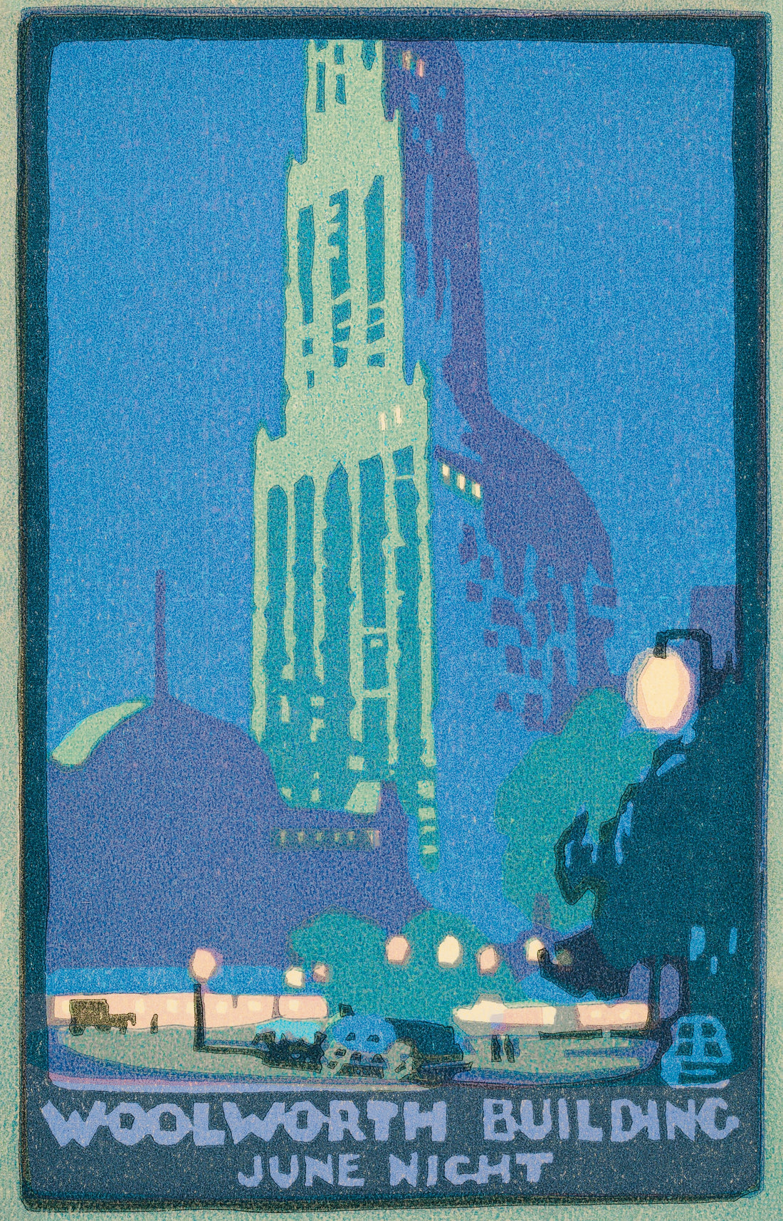 Akoestisch schilderij met Woolworth gebouw in de nacht