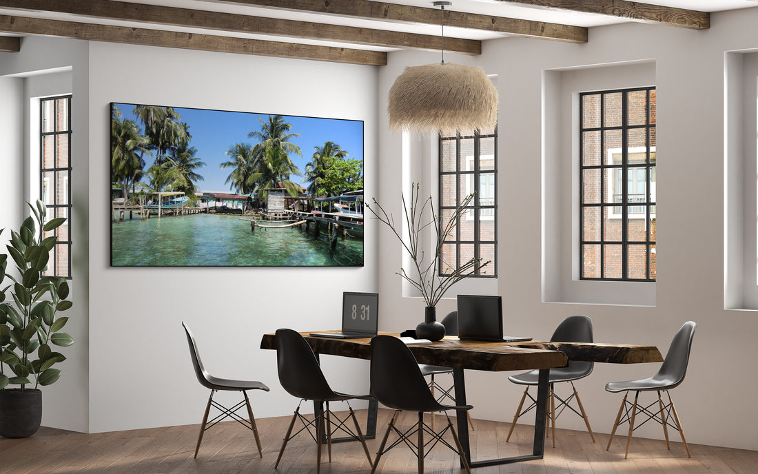 Akoestisch schilderij met Zonnig rustig havenbeeld
