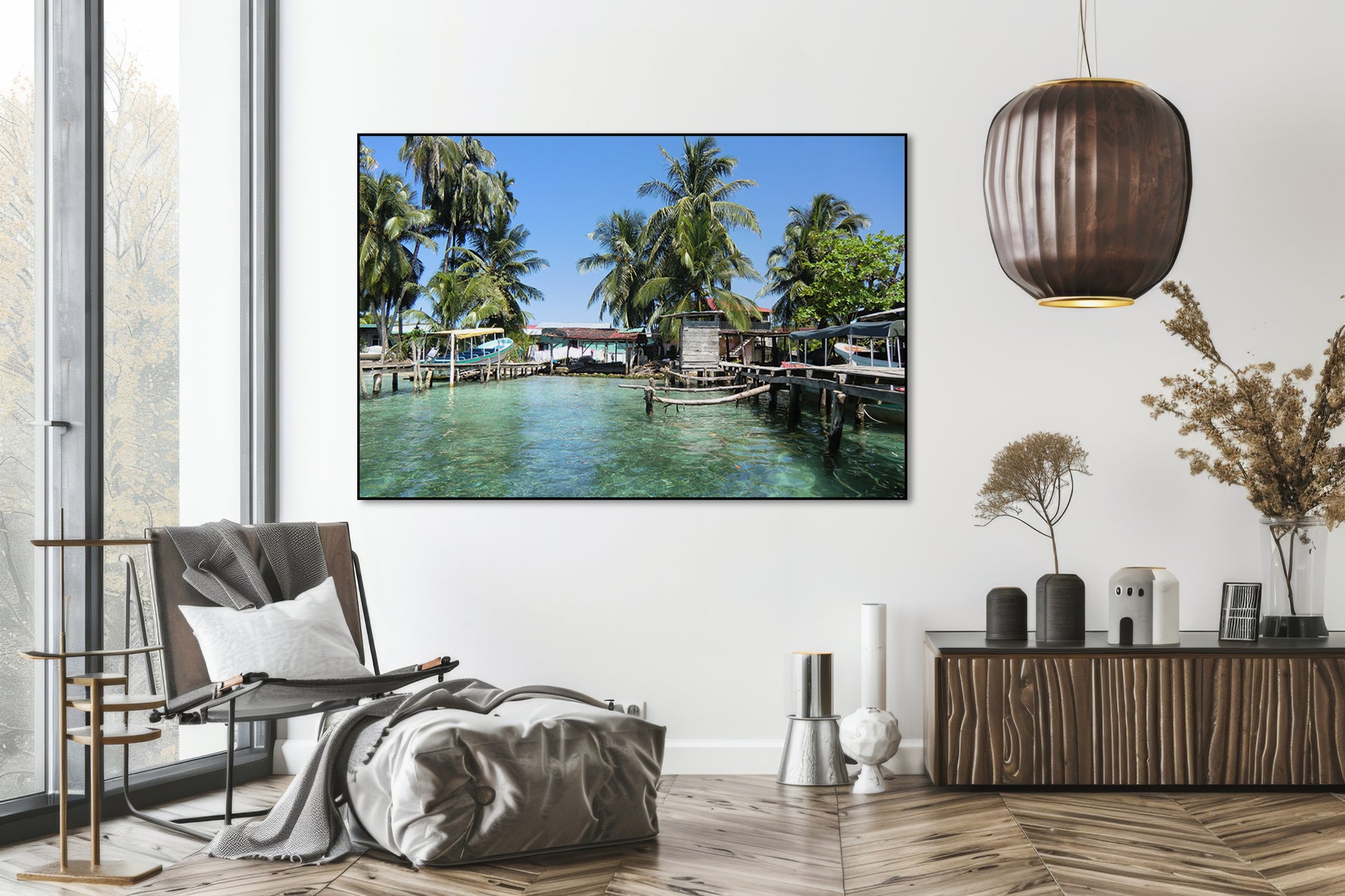 Akoestisch schilderij met Zonnig rustig havenbeeld - Woonkamer