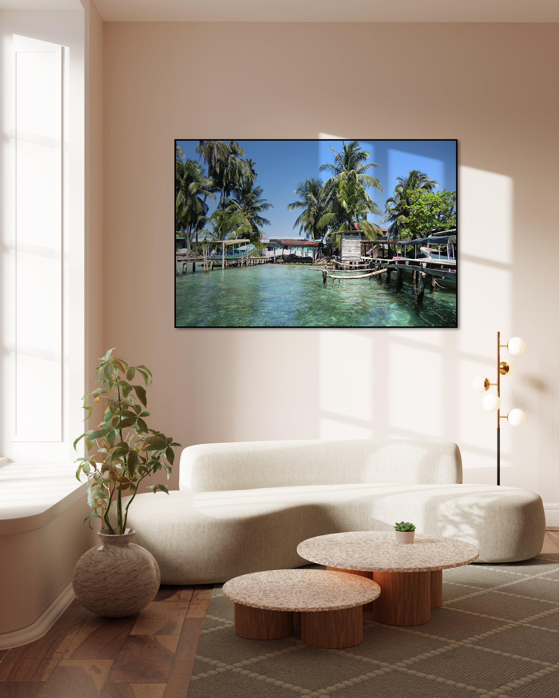 Akoestisch schilderij met Zonnig rustig havenbeeld - Woonkamer 3