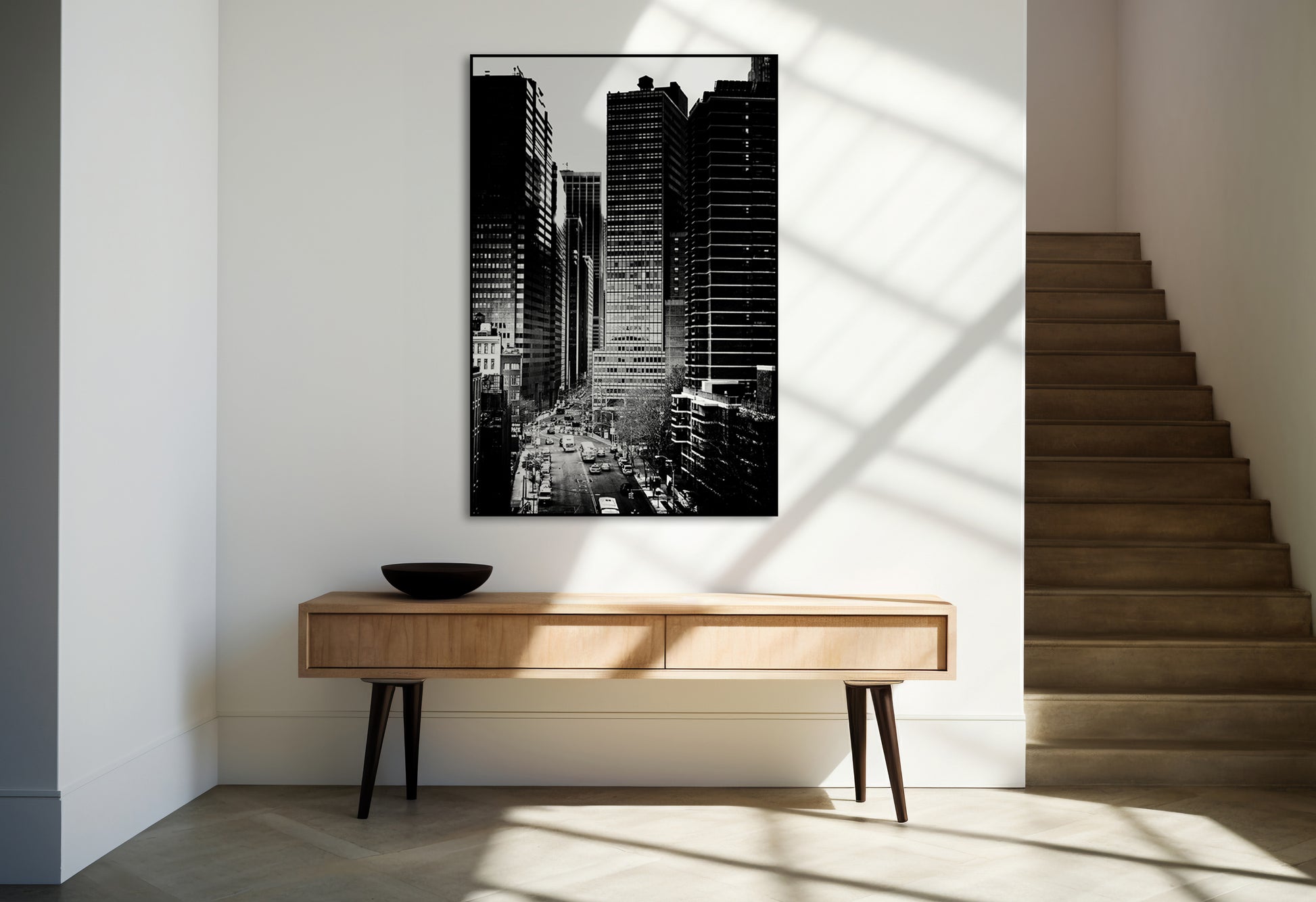 Akoestisch schilderij met Zwart-wit stadsgezicht - moderne fotokunst - Hal