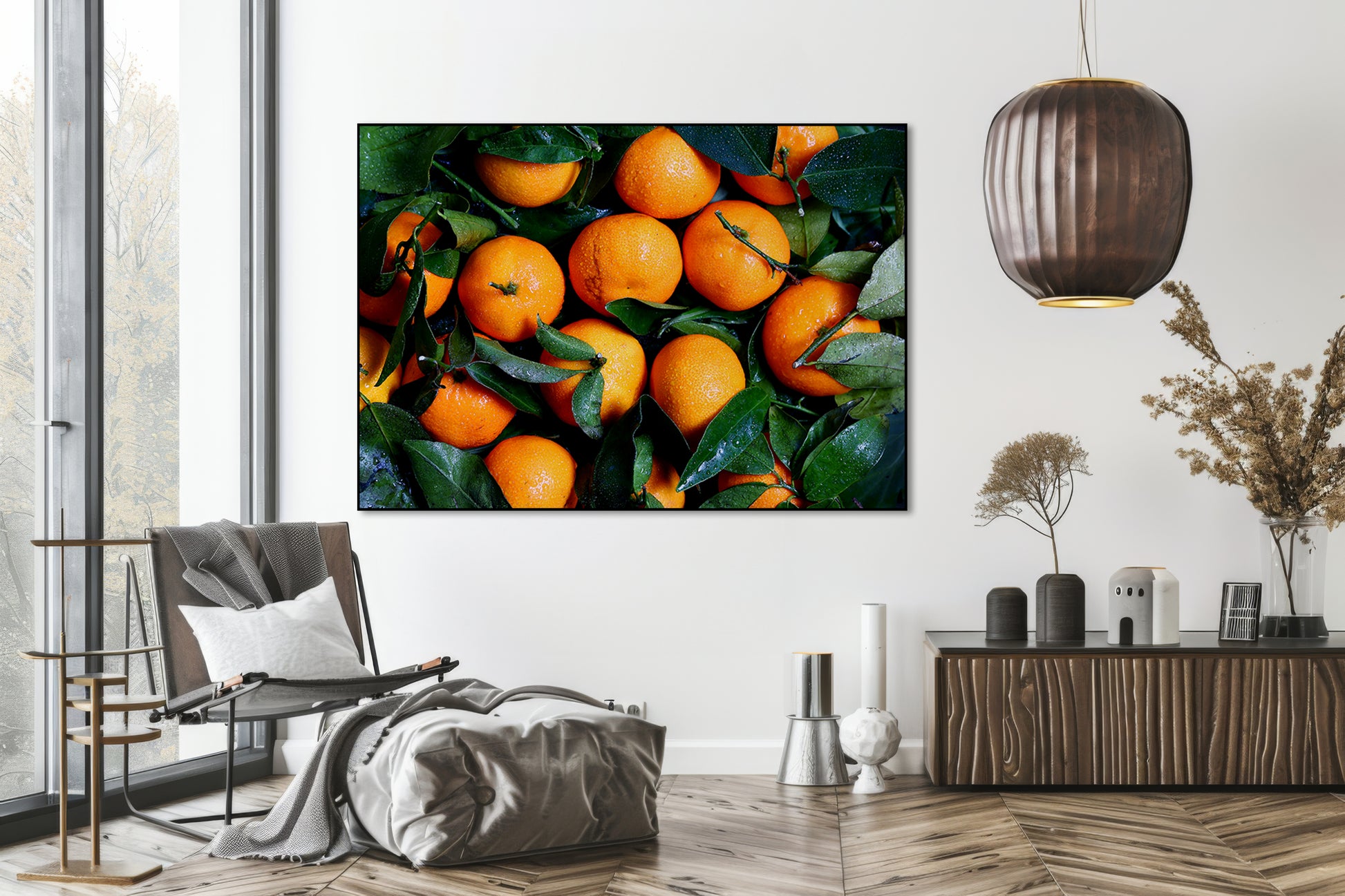 Akoestisch schilderij met vers gewassen sinaasappels met groene bladeren - Woonkamer