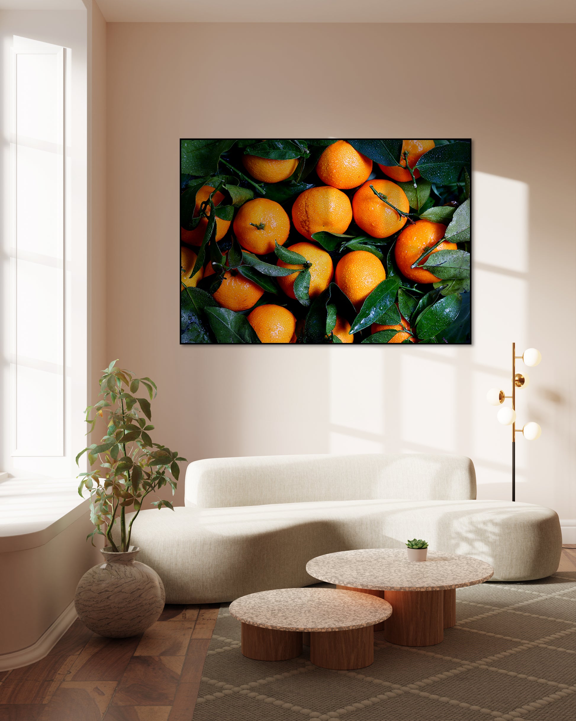 Akoestisch schilderij met vers gewassen sinaasappels met groene bladeren - Woonkamer 2