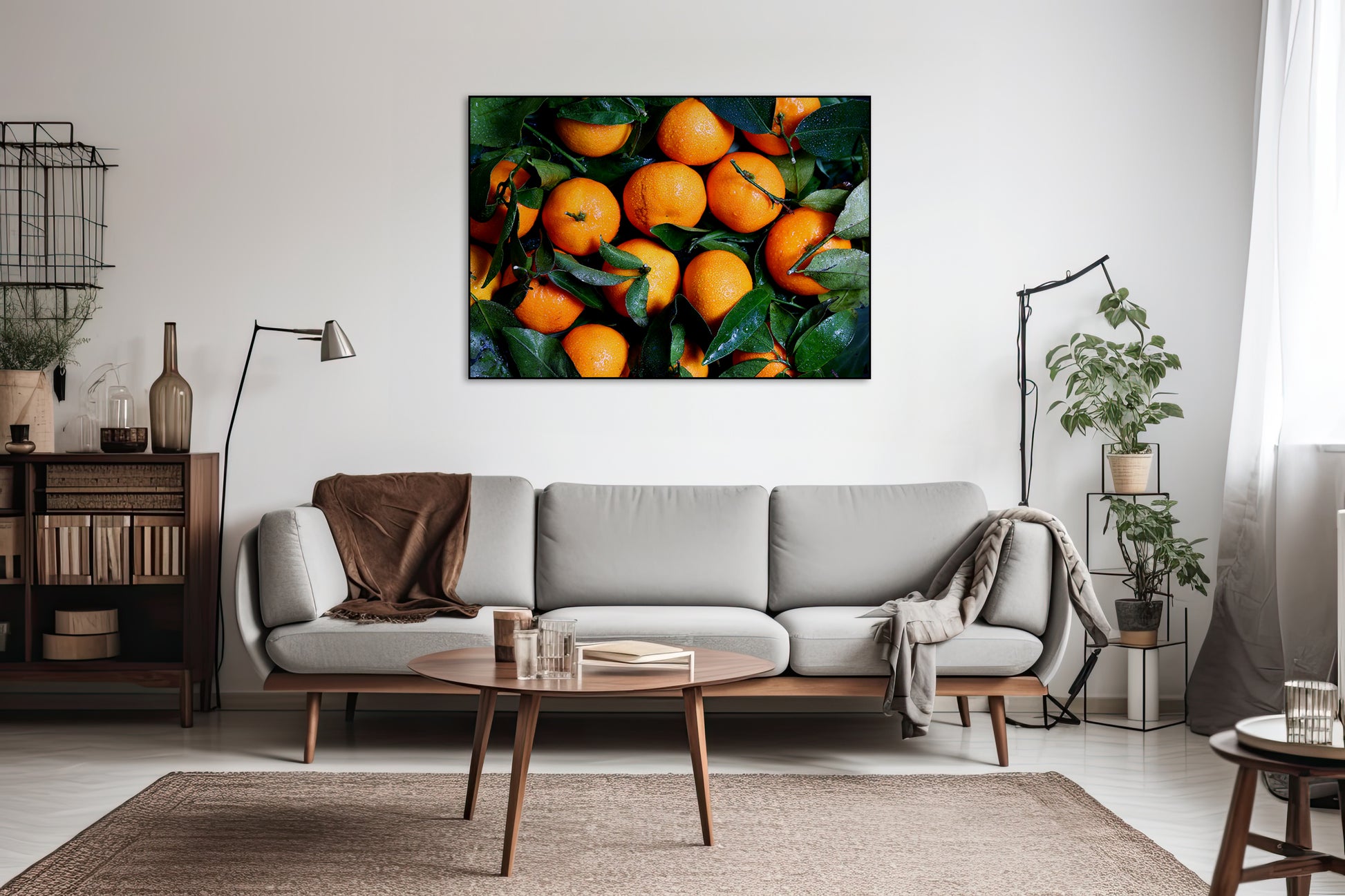 Akoestisch schilderij met vers gewassen sinaasappels met groene bladeren - Woonkamer 3