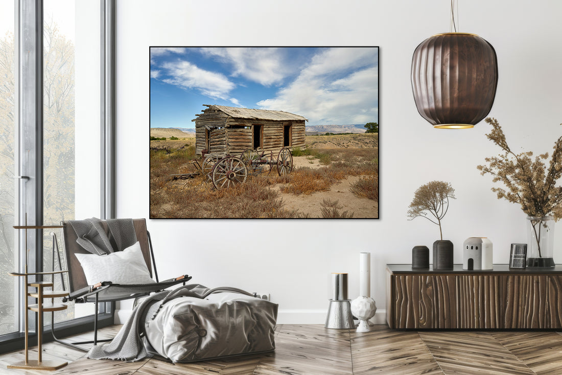 Akoestisch schilderij met Blokhut & wagenwielen Wyoming