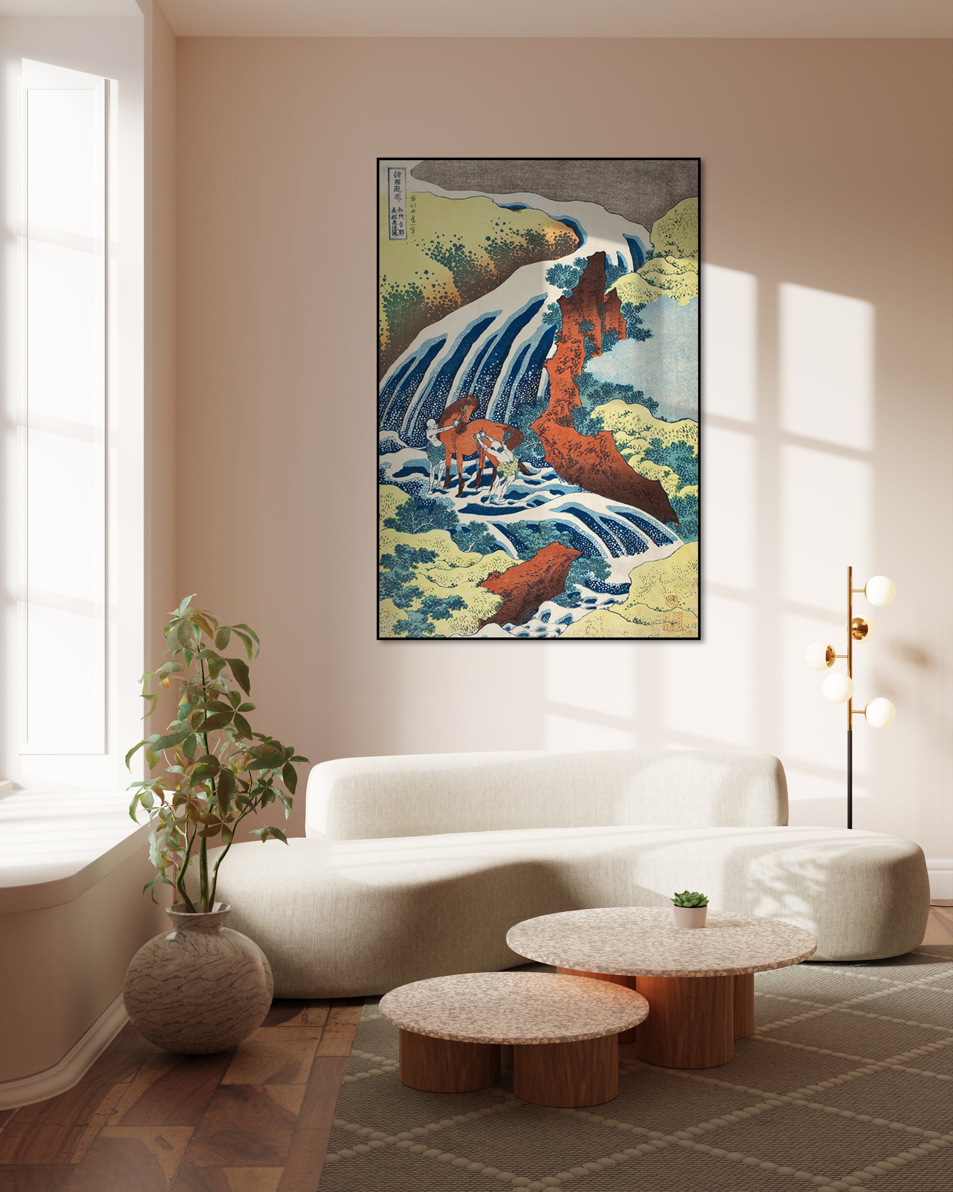 Waterval waar Yoshitsune zijn paard waste in Japan Akoestiek paneel in beige woonkamer